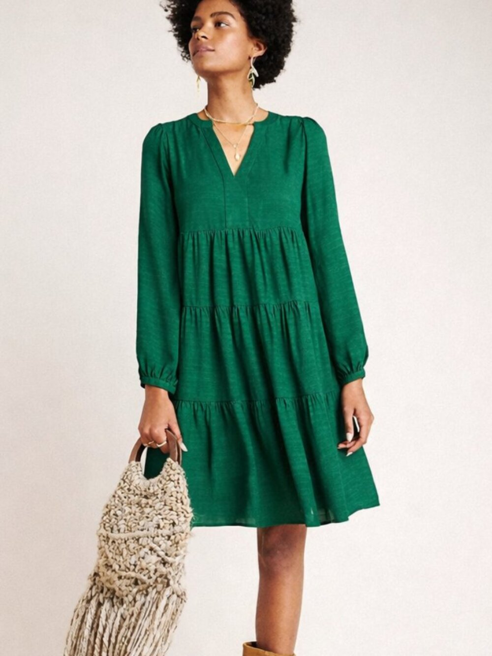 NWT Anthropologie MAEVE Green Textured Amber Tiered Tunic SZ Small